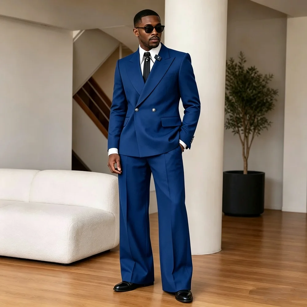 2 Pieces 70s Retro Wedding Tuxedo with Wide Leg Pants Double Breasted Groom Prom Suits for Men Modern Slim Fit Jacket Pants Set