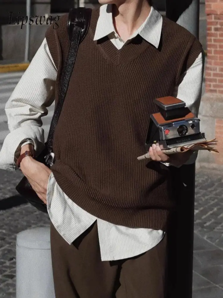 

Винтажные свитера без рукавов с v-образным вырезом, мужские осенне-зимние модные однотонные универсальные вязаные жилеты, мужские повседневные вязаные джемперы