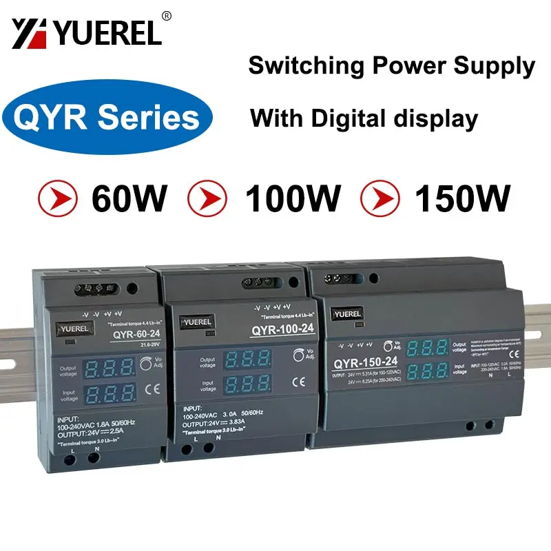 60W 100W 150W DIN Rail Switching Power Supply with Industrial Step Shaped AC-DC 12V 24V Digital Display for LED Light Strip