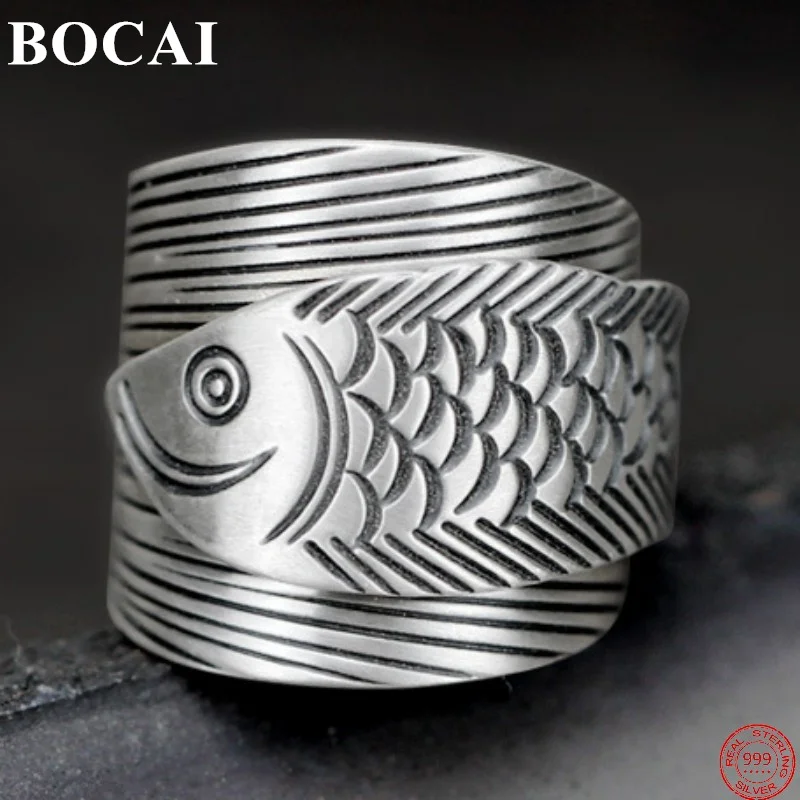 BOCAI S999 Sterling Silver Ring for Men Women Retro Emboss Goldfish Pattern Wide Adjustable New Fashion Jewelry Wholesale