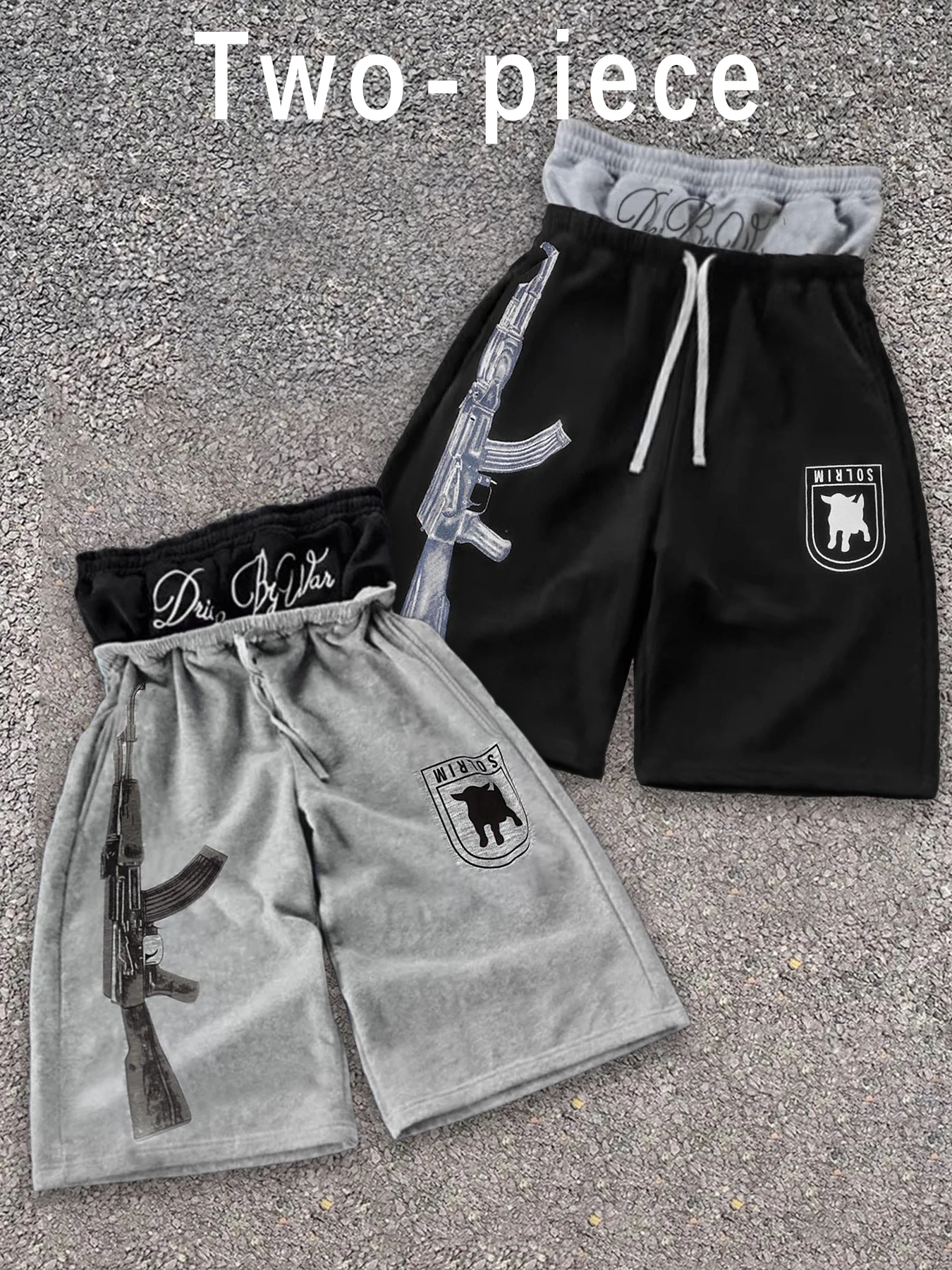 Y2K Women Two Pack Graphic Print Sweat Shorts Elastic Drawstring Waist Loose Shorts Hip Hop Streetwear Casual Sports Bottoms Set