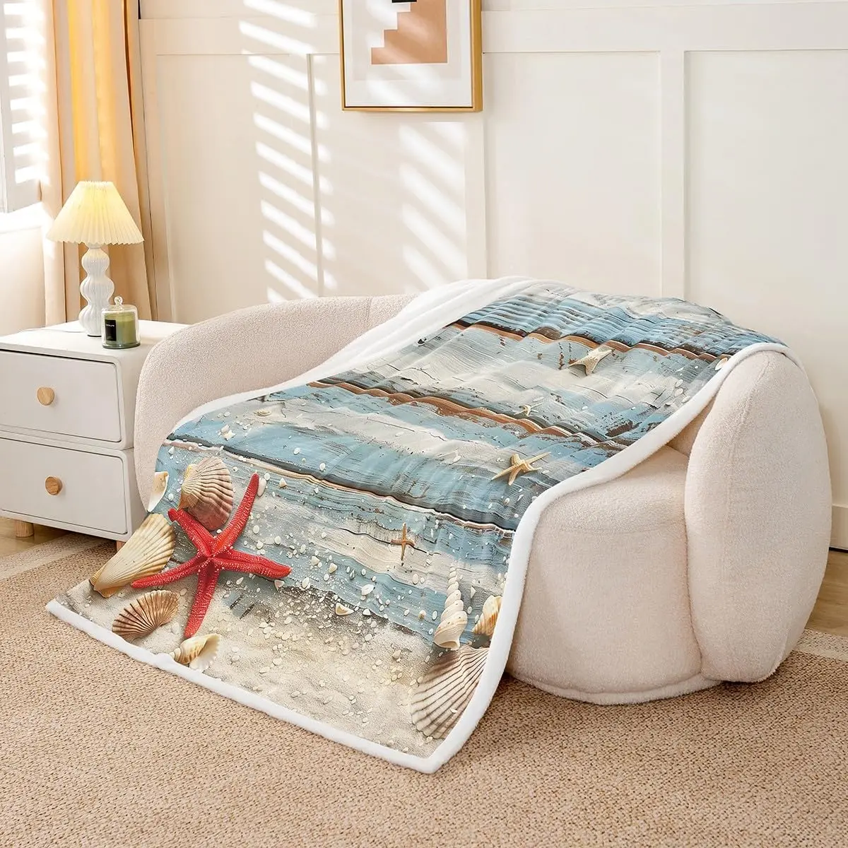 Beach blanket coastal design wooden plank pattern starfish shells soft throw seaside decor bedroom textile nautical accessory