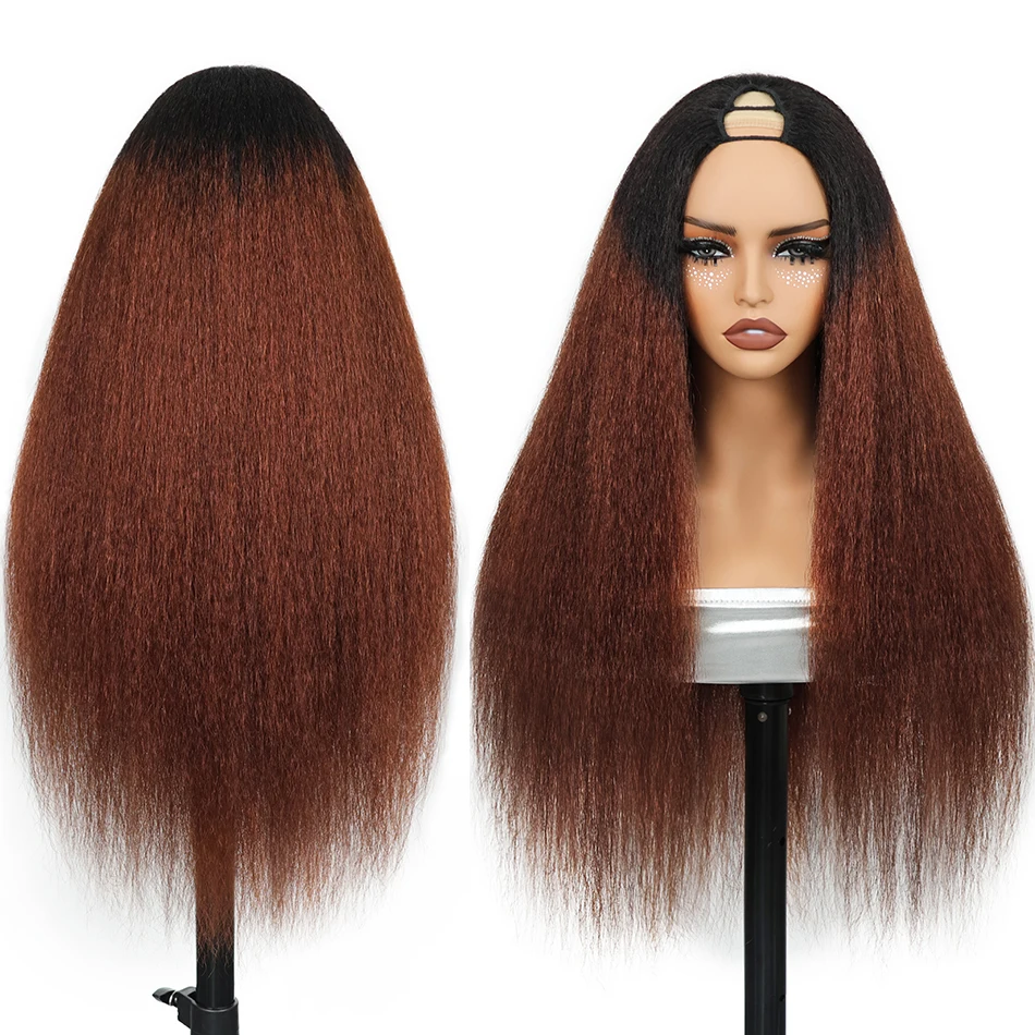 

100% Malaysia Human Hair Ombre Yaki Straight V Part Half Wigs for Black Women Ombre Brown Kinky Straight Layered V Part Glueless