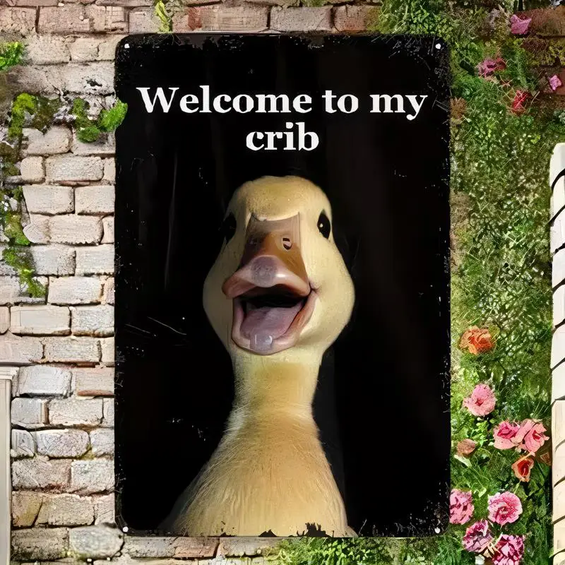 Vintage Metal Tin Sign, Adorable Duck Welcome to My Crib - Retro Iron Wall Art, Black Background, Cute Decor for Home/Garden/Far