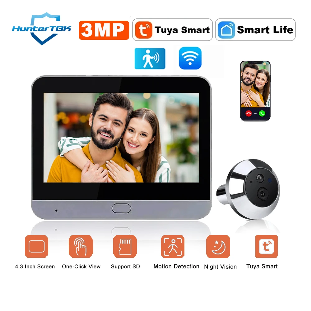 Tuya Smart WiFi Door Camera 3MP Mini Wide Angle Peephole Viewer with 4.3 IPS Screen PIR Motion Detection Smart Life Video Camera