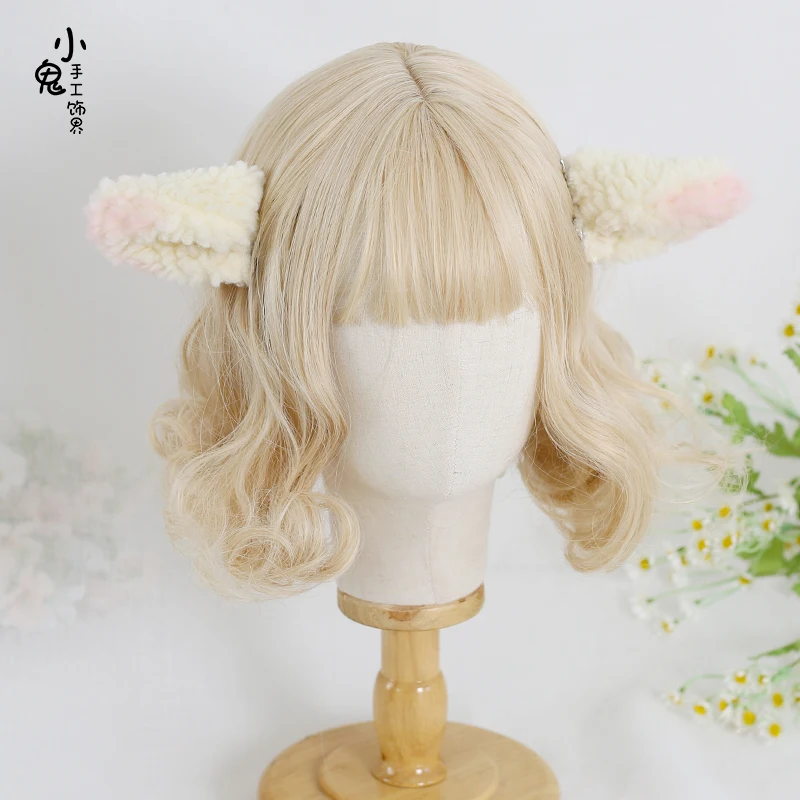 Japanese cute plush lamb ears checked sweet bowknot hairpin edge clip hairpin joker