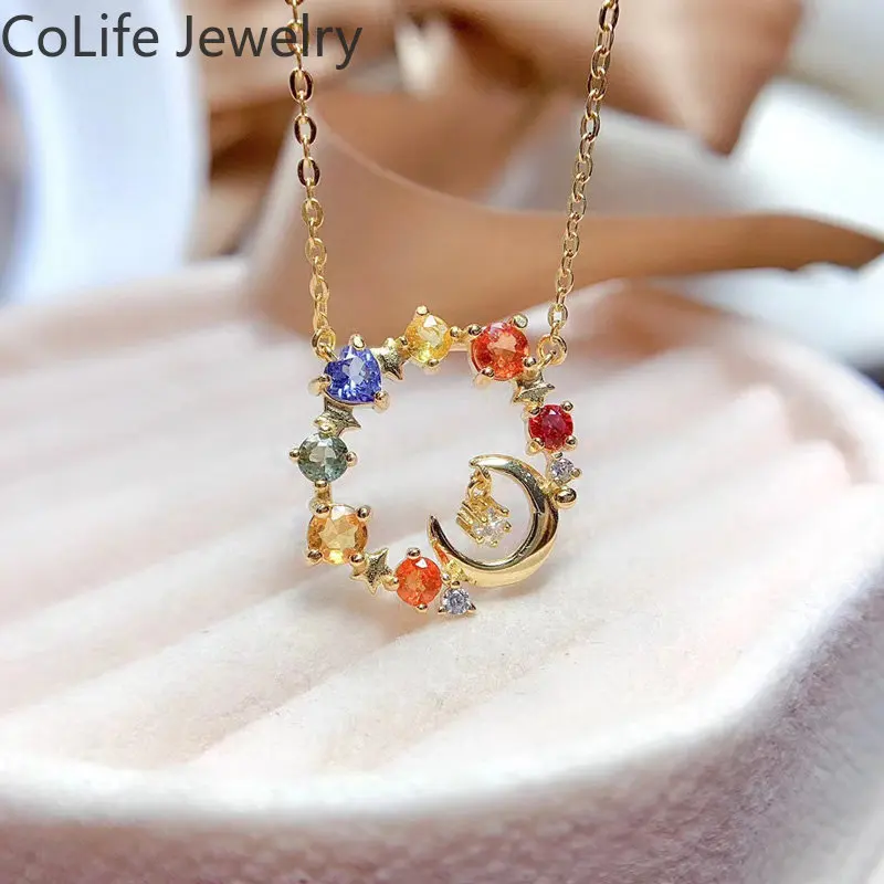 Multi-color Sapphire Pendant 3mm and 4mm Total 1ct Natural Sapphire Necklace Pendant with 3 Layers 18K Gold Plating