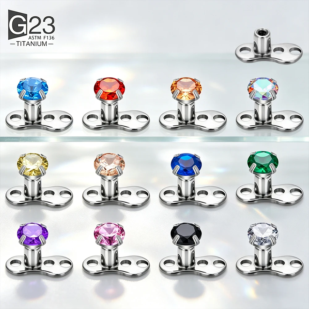 ASTM F136 Titanium Internally Thread Dermal Anchor 3 Holes Flat Base CZ Microdermal Skin Implant Surface Piercing Body Jewelry ﻿