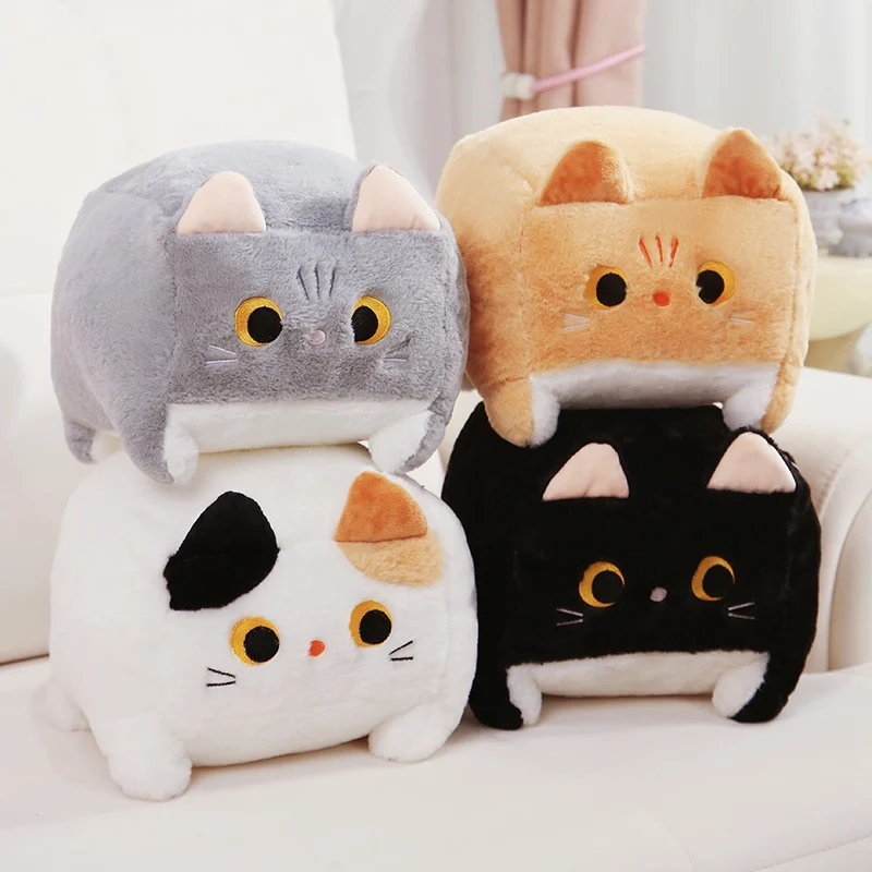 Kawaii Square Cat Plush Toy Fluffy Black Cat Pillow Stuffed Kitten Animal Plush Doll Kawaii Home Decoration Birthday Gift