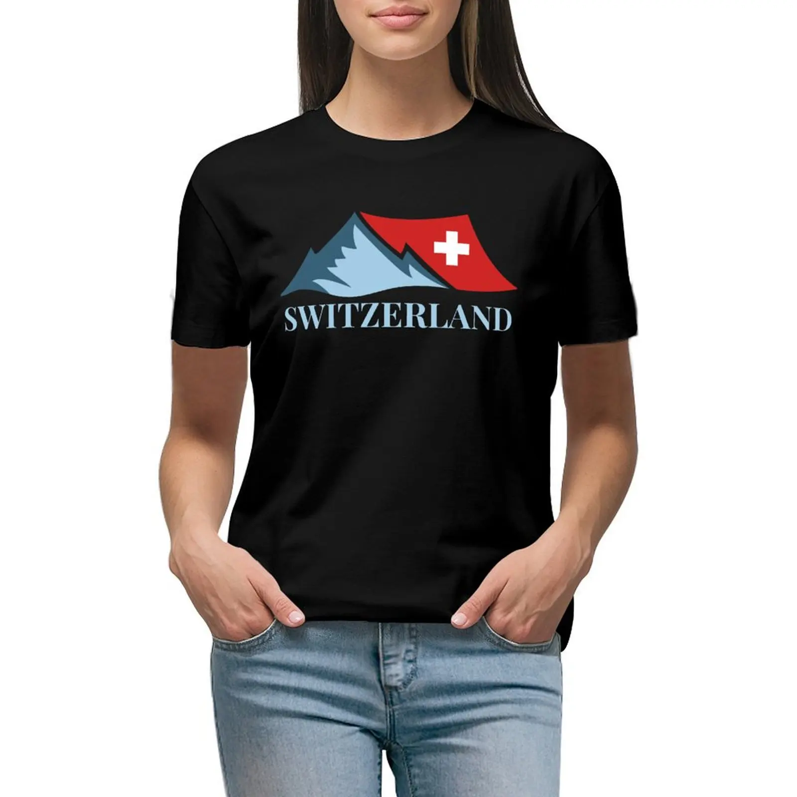 

Swiss Alps with Swiss Flag - Travel T-shirt hippie clothes korean fashion cat shirts for Women