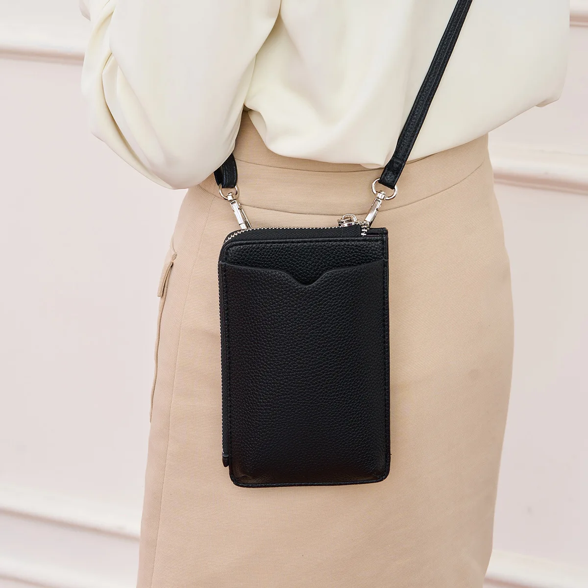 Litchi pattern soft leather vertical mobile phone bag ladies shoulder crossbody bag multi-card mobile phone storage wallet