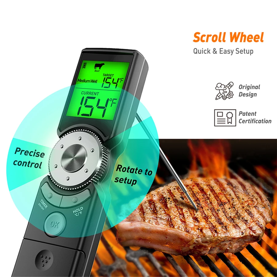 Digital Waterproof Ultra Fast Response Instant Read Scroll Wheel Probe Smart Meat Thermometer With 3-Color Backlight