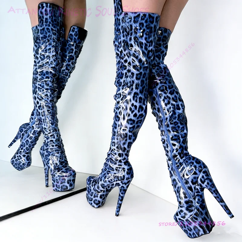 

Dark Blue Black Polka Dot Over Knee Boots Women Pole Dancing 20cm 8 Inches Thigh High Platform Heels Colorful Graffiti Shoes