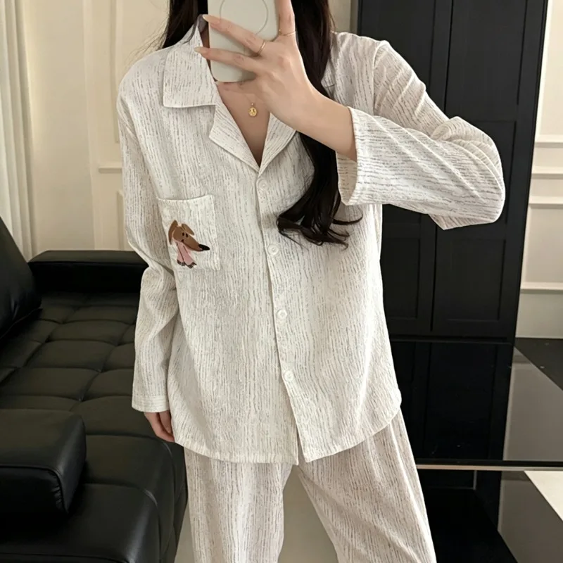 Dog Embroidery Cartoon Cute Pajamas Set Autumn Winter New Harajuku Style Kawaii Women Pajamas 2 Piece Set Casual Soft Home Wear
