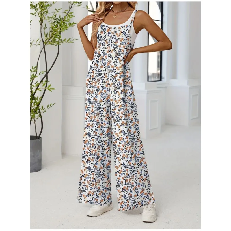 

2025new Summer Hot Girl Adjustable Shoulder Strap Printed Casual Suspender Floral Jumpsuit Women's Pocket High Waist Loose Pants