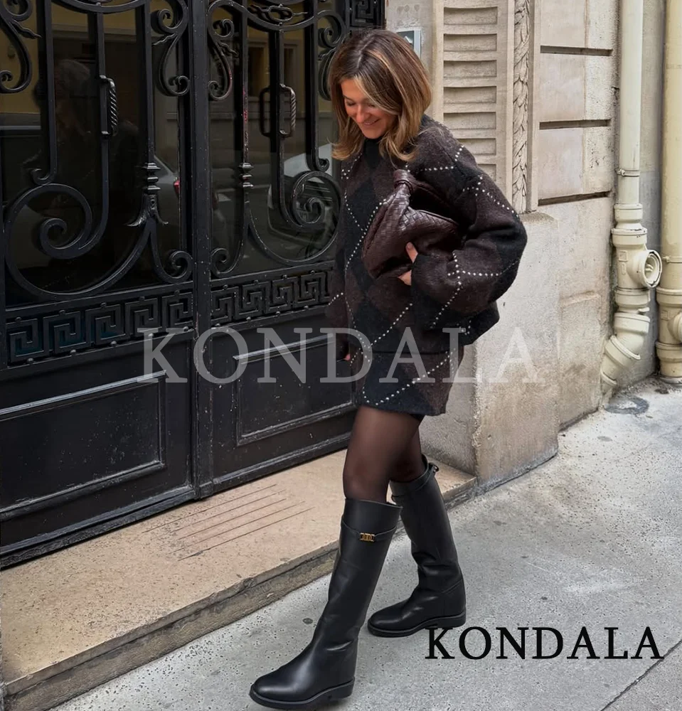 KONDALA Retro Elegant Rhombic Knitted Skirt Set Women Turtleneck Sweater, High Waist Skirt 2026 Spring Trendy High Street Set