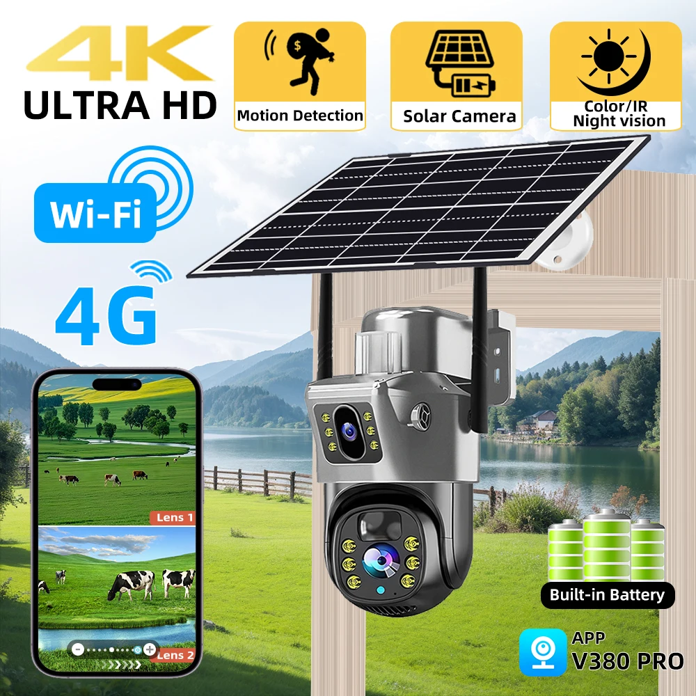 V380 Pro 4K 8MP 2 عدسة 4G WiFi كاميرا تعمل بالطاقة الشمسية في الهواء الطلق PIR للرؤية الليلية IP66 بطارية منخفضة الطاقة CCTV الأمن