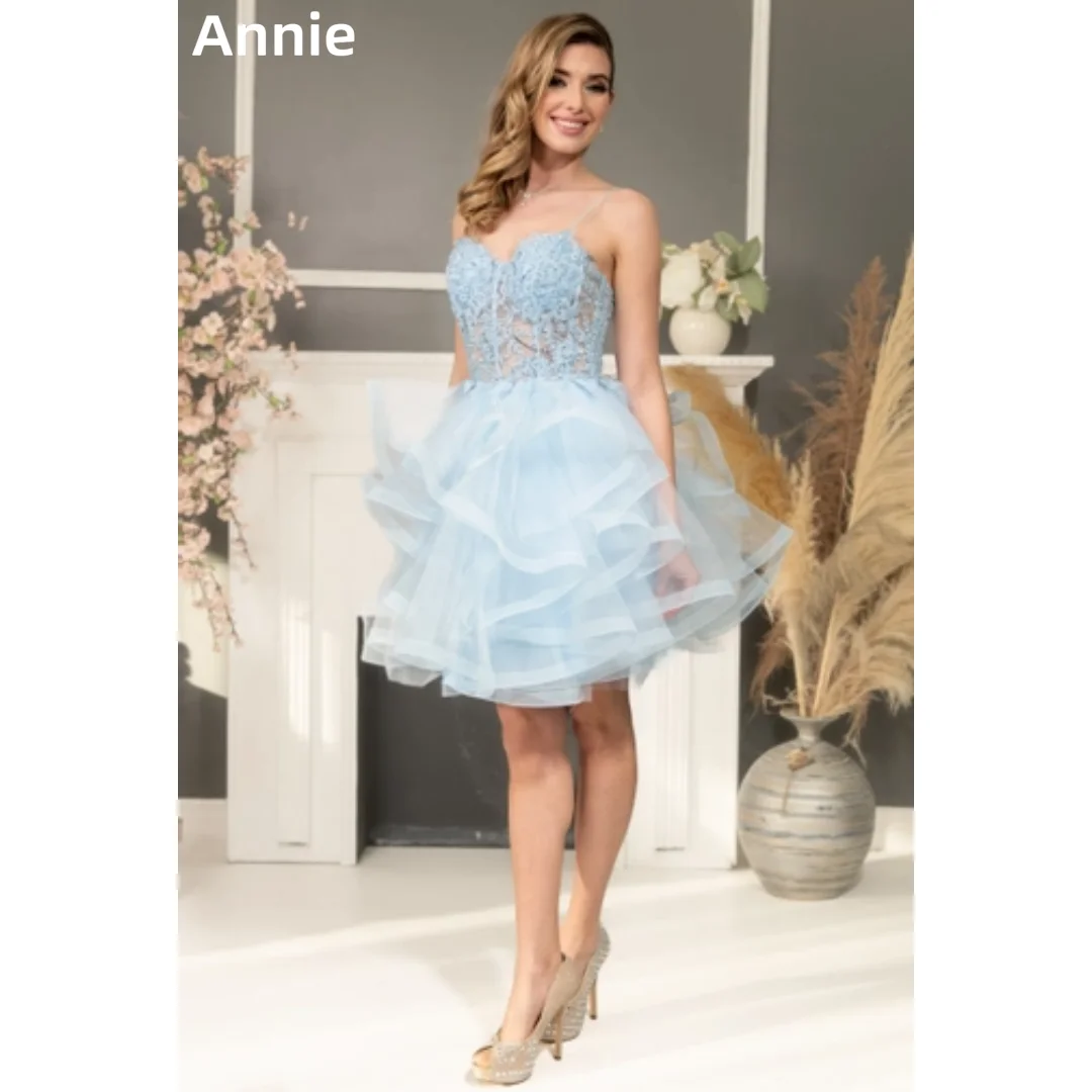 Annie Light Blue Wedding Dress Embroidery Fluffy Tulle Prom Dresses Spaghetti Straps Multi-layered Bespoke Occasion Dresses