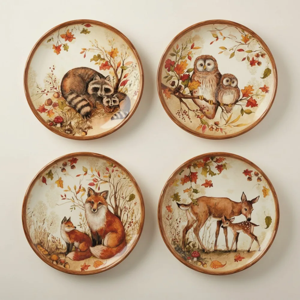 

8.5 Inch Forest Animal Ceramic Plates Set of 4, Woodland Theme Salad Dessert Dishes for Thanksgiving Party