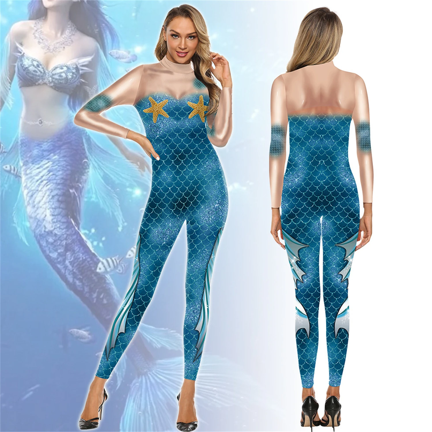 

Women Shell Fish Scale Jumpsuit Bodysuit Lady Girls Tight Sexy Zentai Tracksuit Halloween Stage Show Mermaid Cosplay Costume