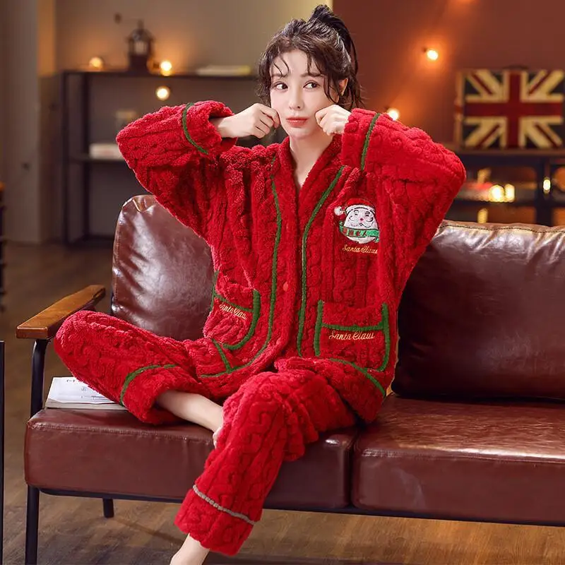 

Christmas Sleepwear New V-Neck Plus Thick Flannel Sleepwear Winter Girls' Home Suit Set Comfortable Warm Loungewear Home Clothes