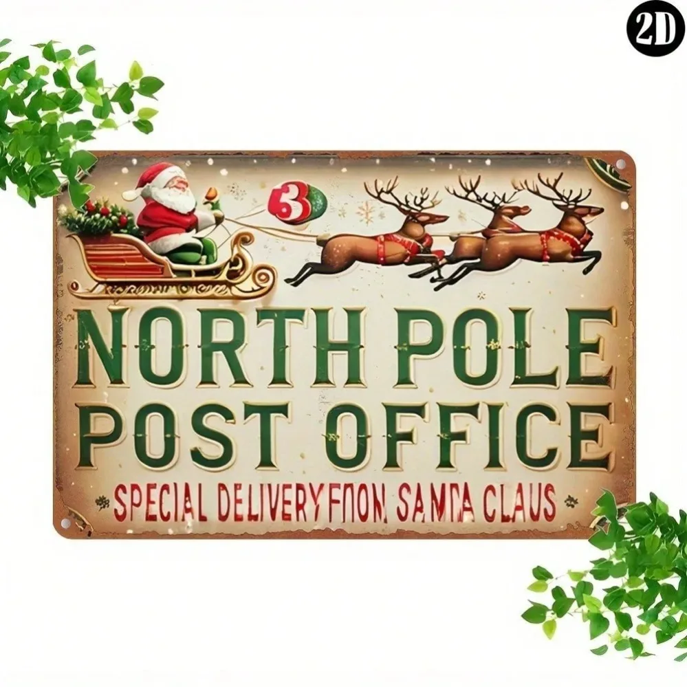 Vintage North Pole Post Office Art (8x12In) - Santa Reindeer Aluminum Sign | Multifunctional for Cafe, Farmhouse & Home