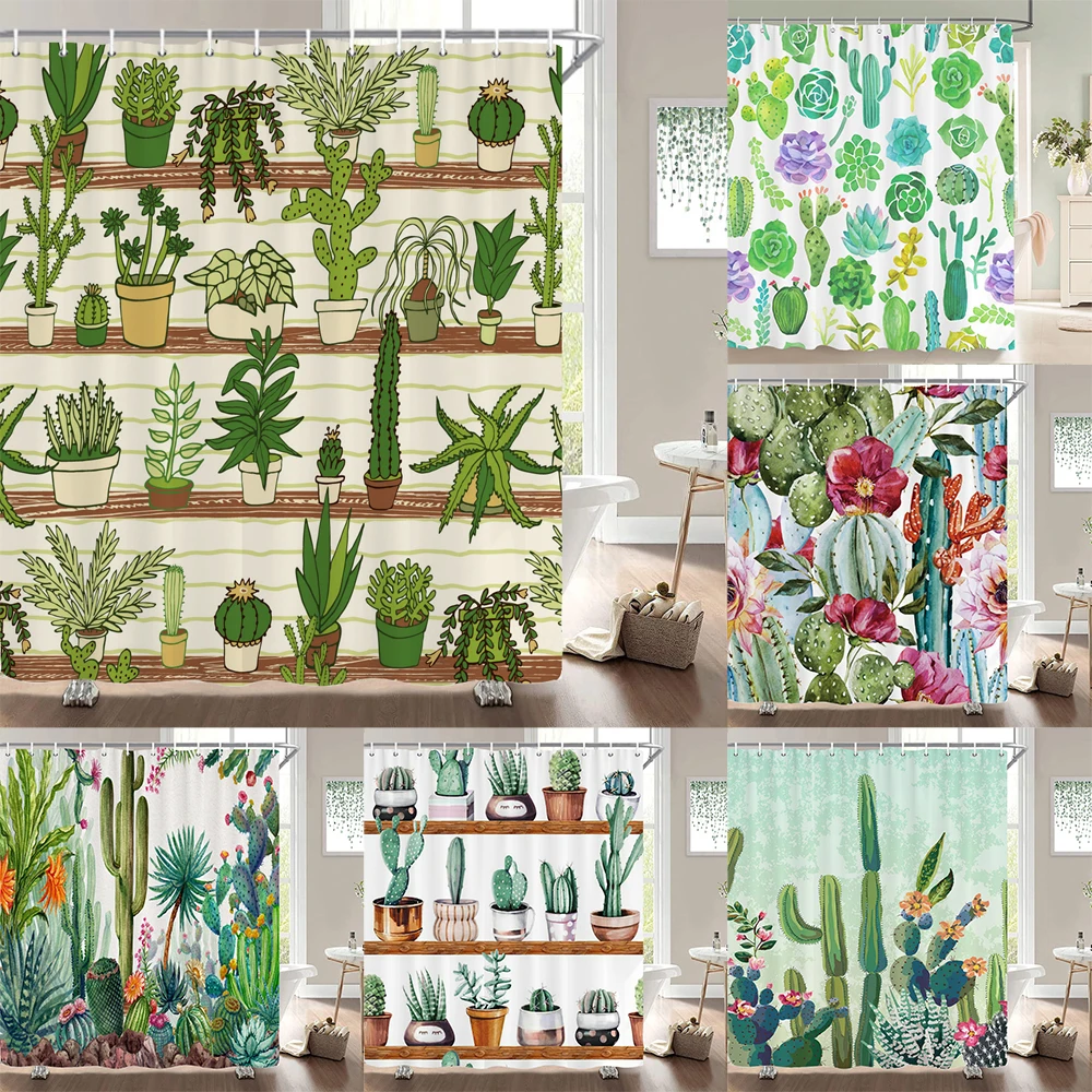 

Green Plant Cactus Printed Shower Curtain Nordic style Simplicity Bathroom Shower Curtains Washable Bath Curtains With Hooks
