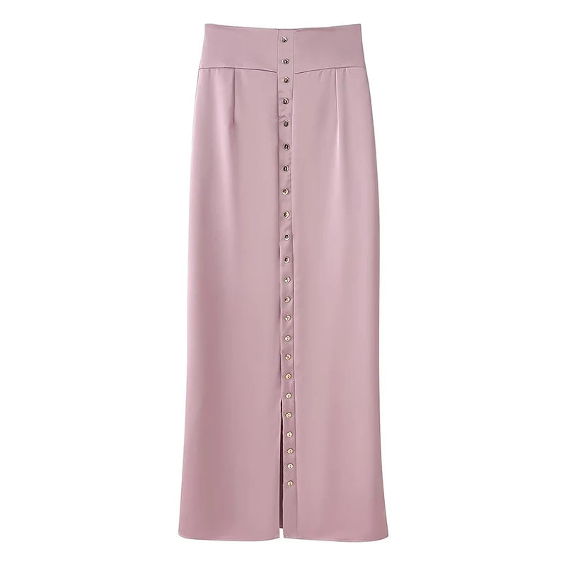 YENKYE Elegant Satin Straight Long Skirt Women High Waist All Buttons & Front Split for Office & Date