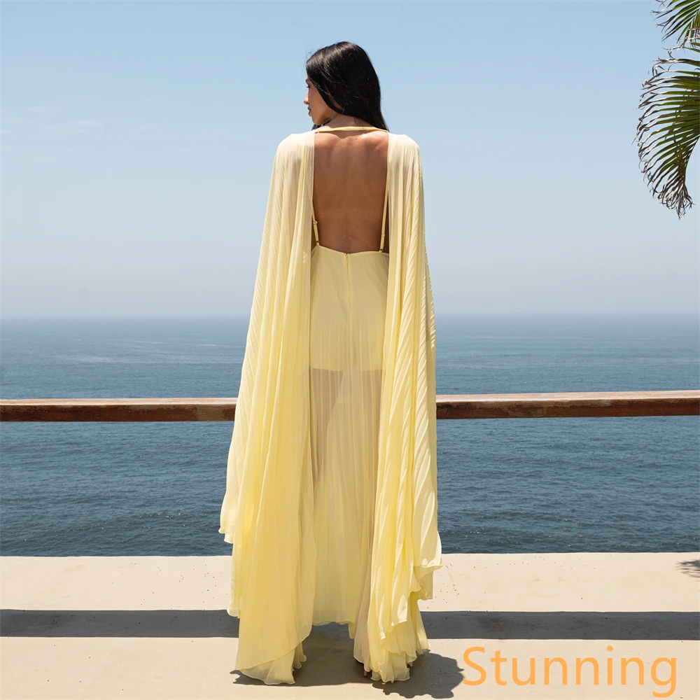 Customized High Quality Yellow Chiffon Evening Dress V-Neck Long Sleeves Homecoming Dress Vestido De Festa pen Back Temperament