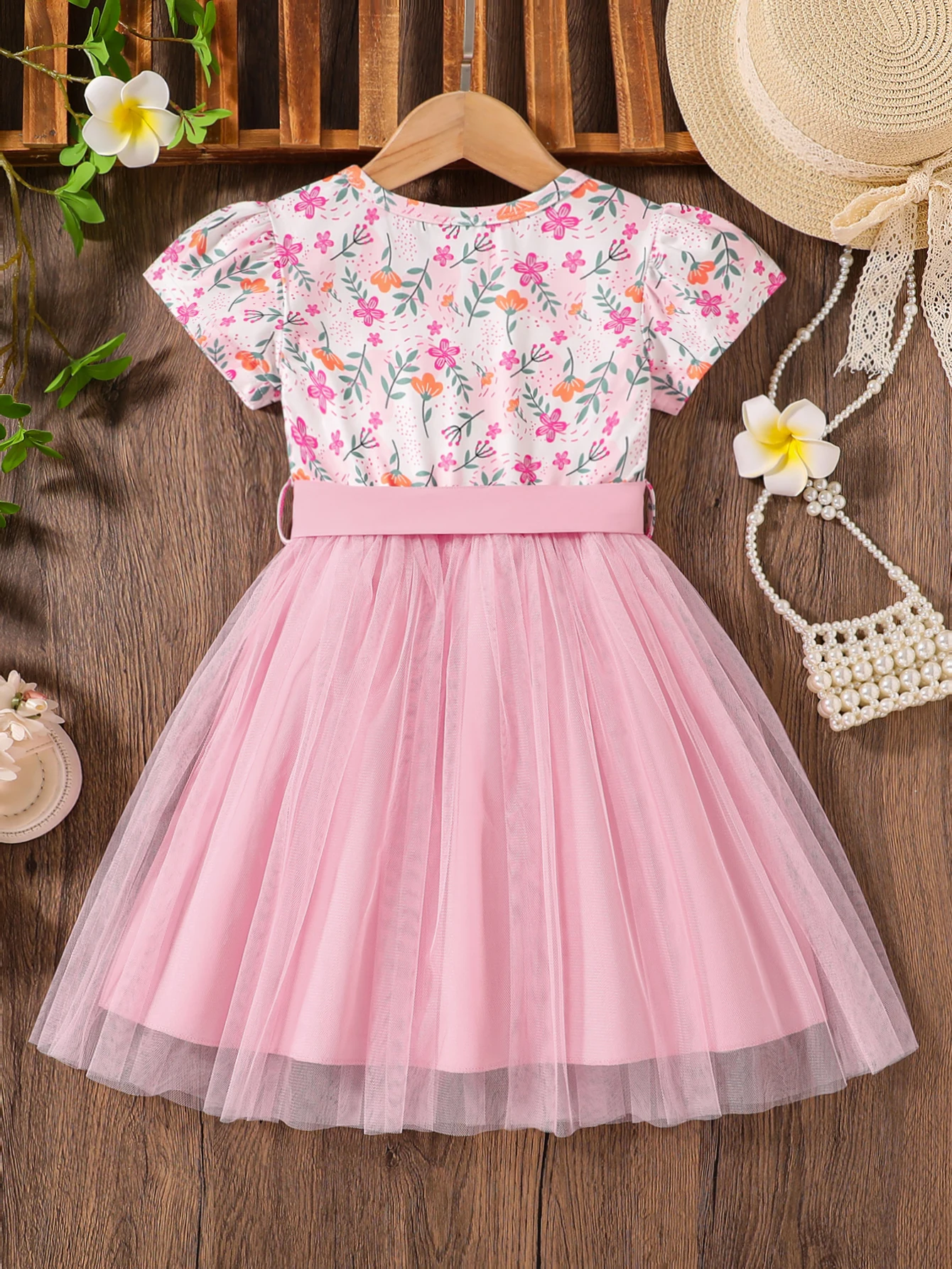 Girls' Fashionable and Simple Summer Outfit, Little Girl's Floral All-Over Print Mesh Cinched Waist Mid-Length Dress, Girls' Everyday Versatile Stylish Sweet and Energetic Children's Clothing, Young Girl's Outdoor Travel Elegant and Unique Gorgeous Outfit