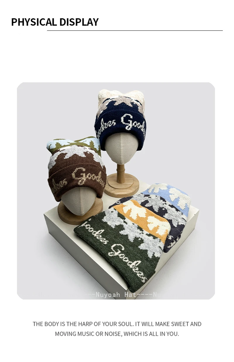 Neue Herren- und Damenmützen im koreanischen Retro-Stil mit Schleife, Sternenmuster und Katzenohren, gestrickt, warm, vielseitig, farblich abgesetzt, modisch, für den Außenbereich – Detail 4