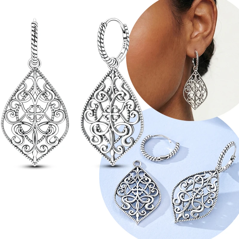 Original 925 Sterling Silber Vintage-Stil ausgehöhlt symmetrisches Muster Creolen Anhänger Ohrringe für Frauen Schmuck Geschenk