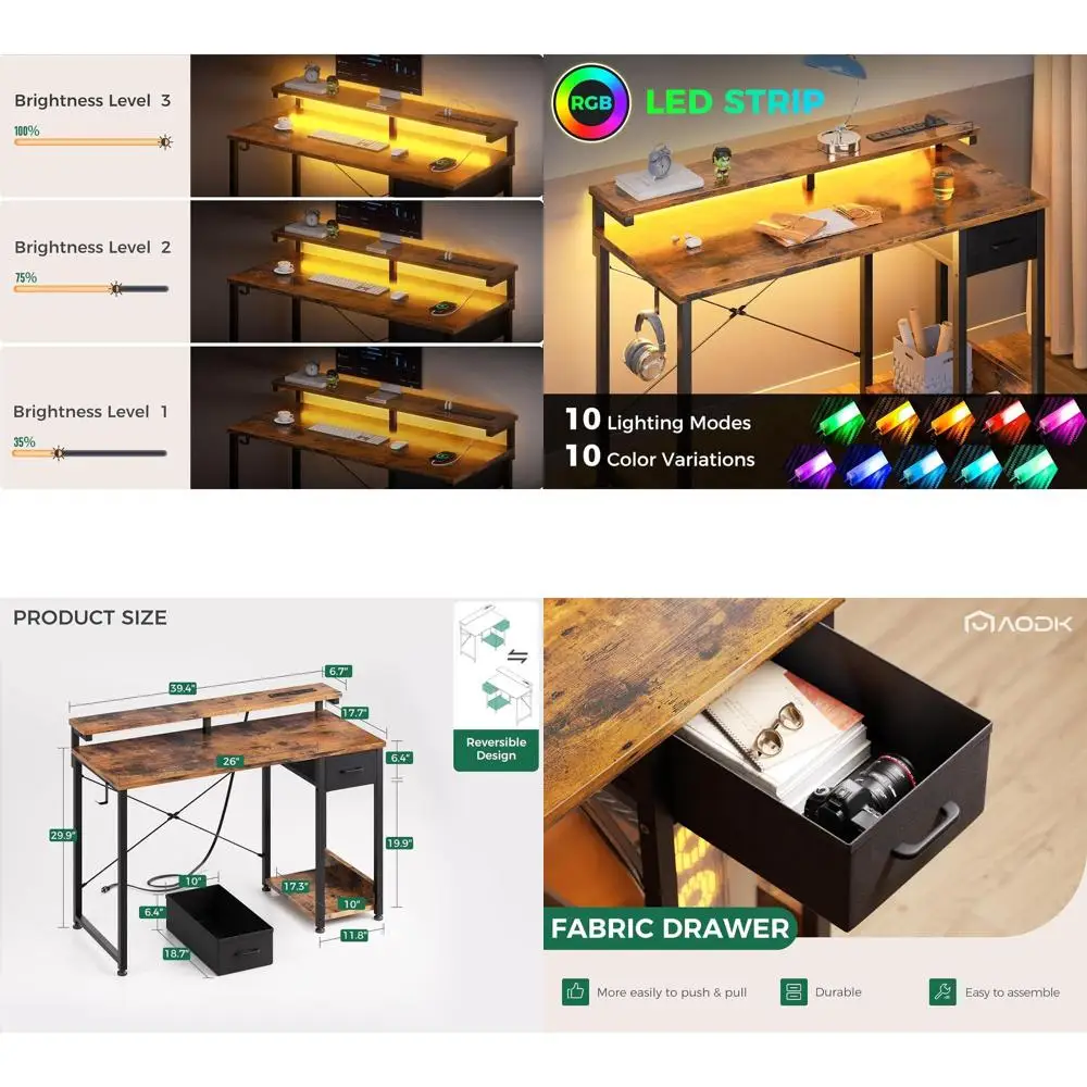 

LED-Illuminated 40 Desk with Drawer, Power Outlet, and Monitor Stand, Rustic Brown Home Office Desk