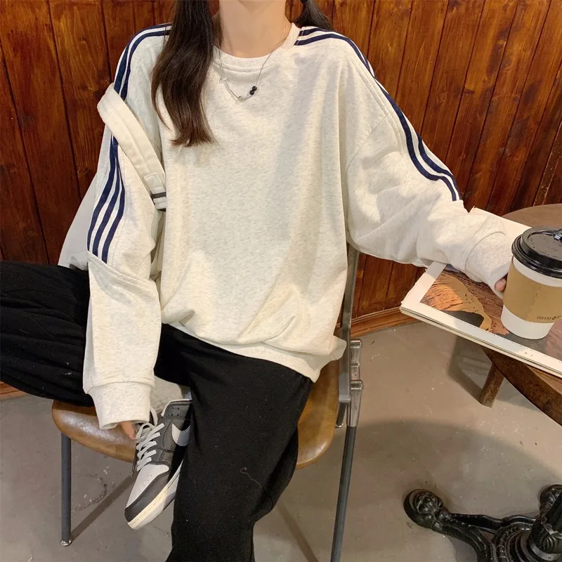 Autumn Sweatshirt Women Loose Striped Splicing Long Sleeve Tops Casual Versatile Sweatshirt Female Winter Clothes Women