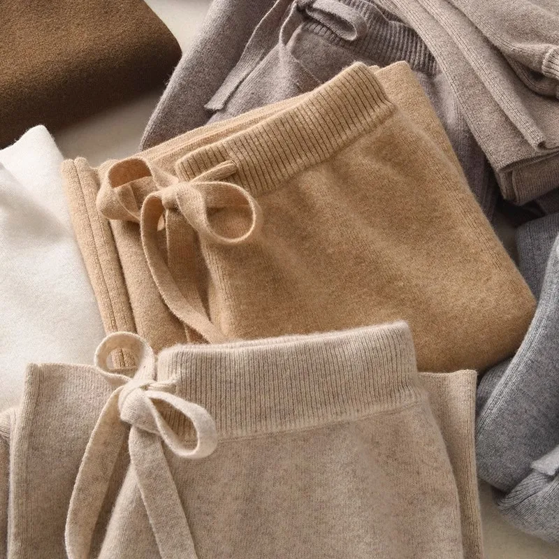 ハイウエストニットウールワイドレッグパンツ女性の上着クラウドストレートチューブ秋冬長ズボン快適なフィット感