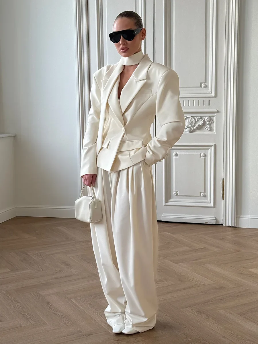 Wolfeel المرأة مربوط العنق التعادل السترة الخريف الشتاء جديد أكتاف منظم سترة قصيرة أنيقة مكتب التنقل الدعاوى