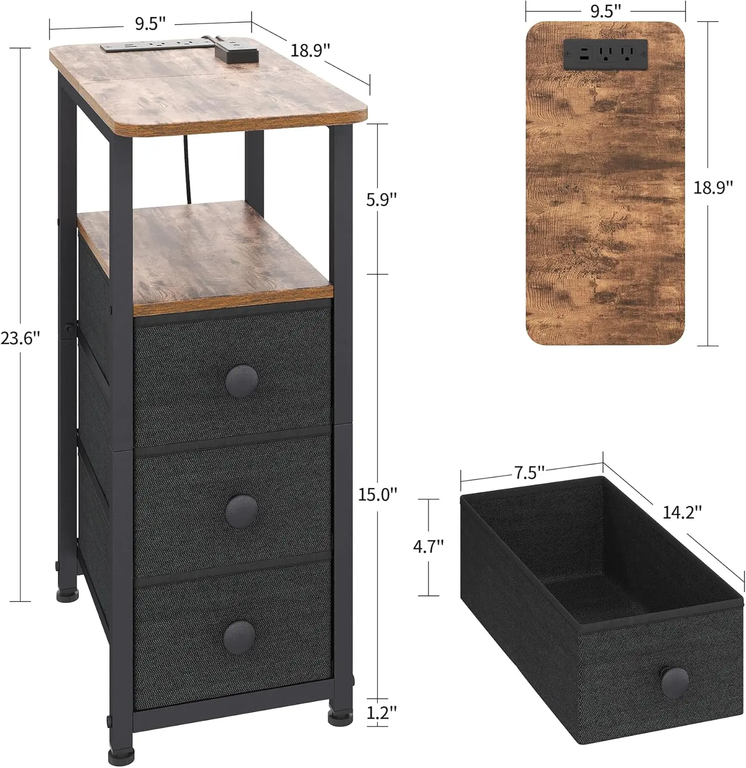 

End Table With Charging Station, Narrow Side Table With 3 Fabric Drawers, Slim Nightstand With Led Light, Small Bedside Table