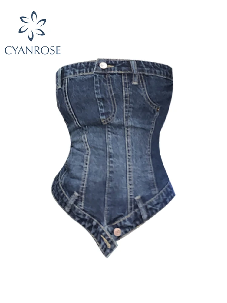 Damski Denim Crop Top Vintage Y2k Summer Strapless Camisole Fashion Streetwear Casual Tube Top Female Sexy Off Shoulder Vest