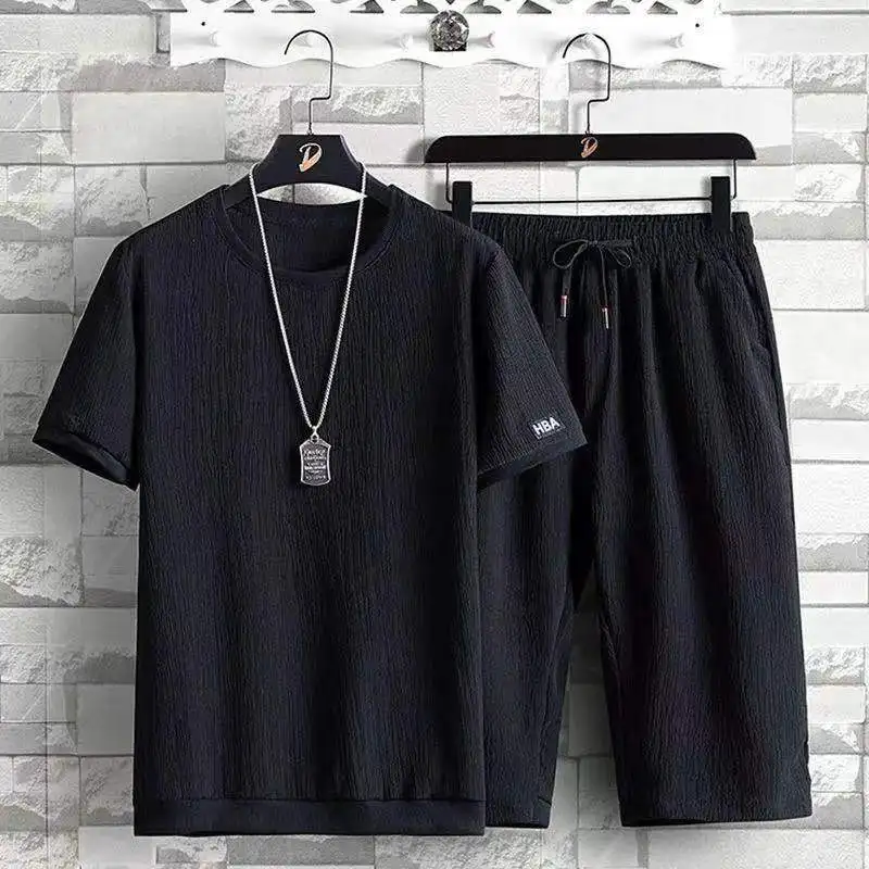 Ice Silk Short Sleeve Seven-Foot Pants Set for Men Summer New Fashionable And Handsome T-Shirt And Pants Combo Loose Fit Yout...