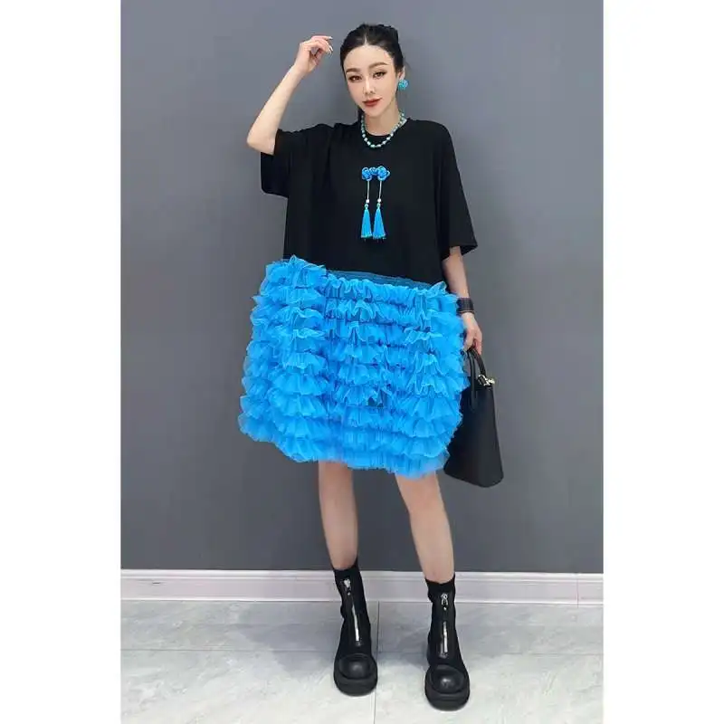 Chic Donna Maglia Impiombato Volant T-shirt Abito Garza Patchwork Pieghettato Gonna Torta Medio Lungo Magliette Manica Corta Top Vestido 2025