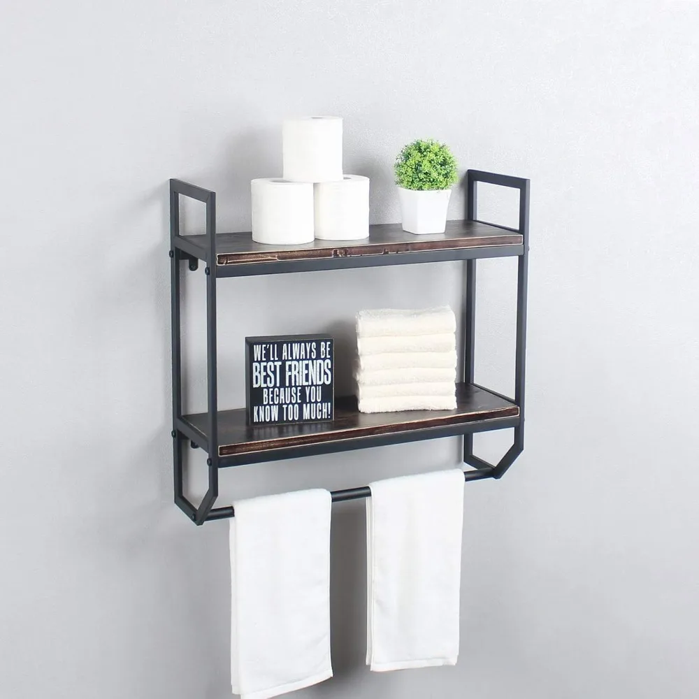 

【2-Tier】Metal Industrial 23.6" Bathroom Shelves Wall Mounted,Rustic Wall Shelf Over Toilet, Floating Shelves Towel Holder