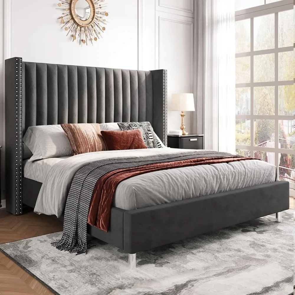 

Bed Frame, Tufted Velvet with Vertical Channels, No Springs, Easy To Assemble, Grey, King Size Bed Frame