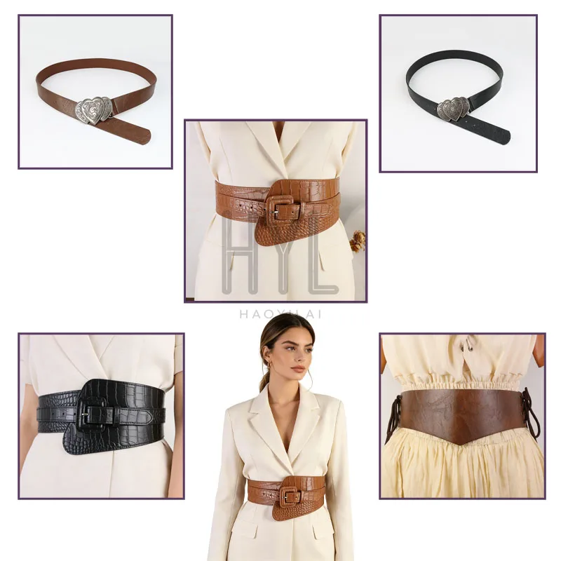 Vintage Western Cowboy Wide Leather Belt Exaggerated Oval Hollow Metal Buckle Fashion Decor Waistband Accessories For Women Men