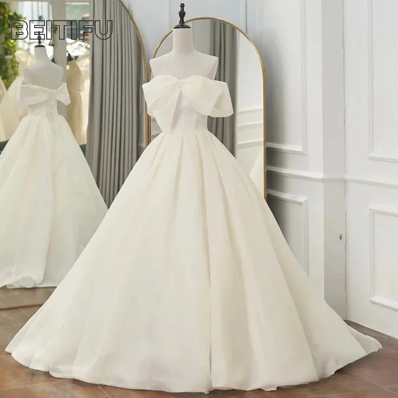 

Customized 2025 Women Satin Light Wedding Dress Off The Shoulder Sleeveless V-neck Bow Decoration Simple Style Vestido De Noiva