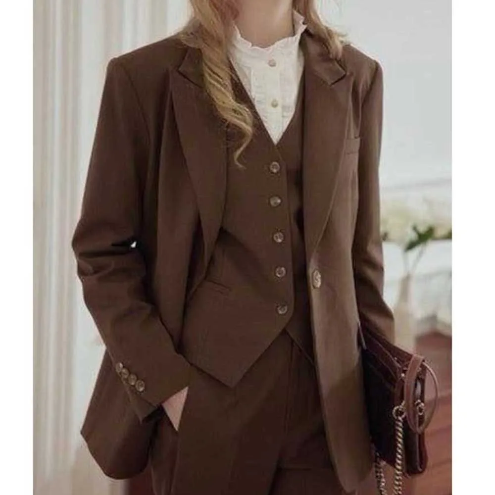 Smart Brown Winter Suits for Women Single Breasted 3 Pieces Jacket Pants Vest Female Clothing Office Banquet Lady's Costume