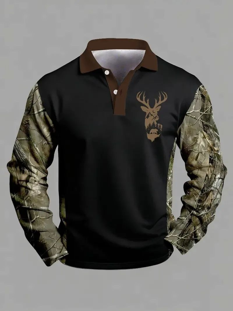 Christmas Reindeer Head 3D Printed Men's Polo Shirt Fashionable Autumn Long Sleeved Shirt Breathable