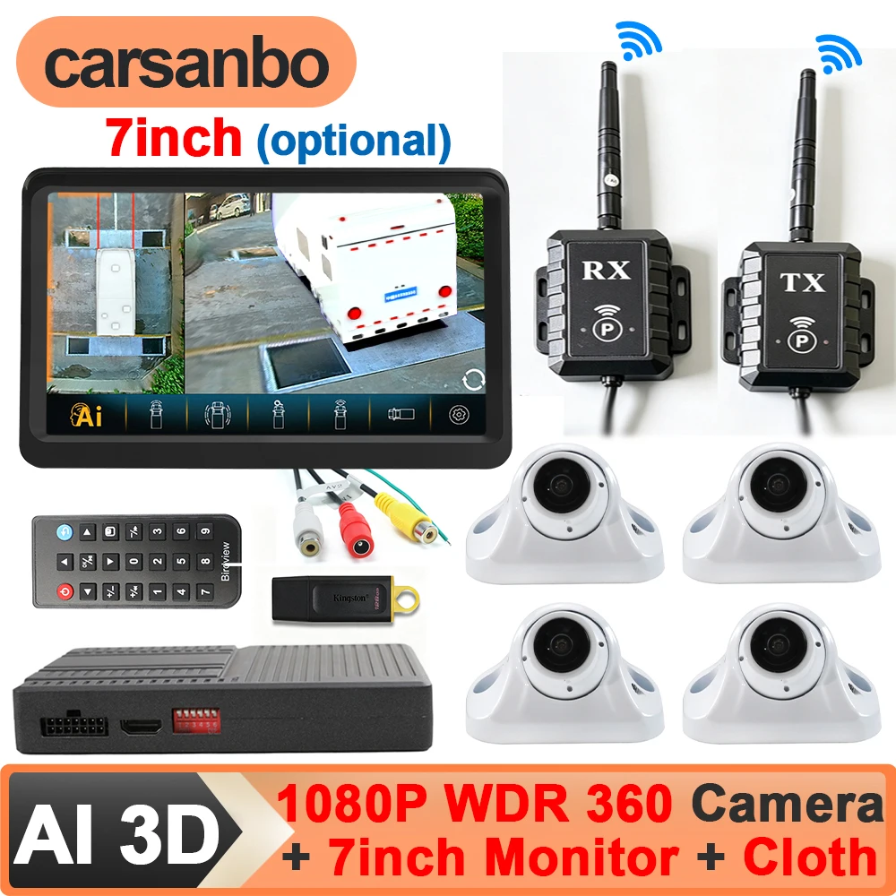 Carsanbo Trailer Caravan AI 3D 360° Surround View System 1080P AHD WDR Camera with 7