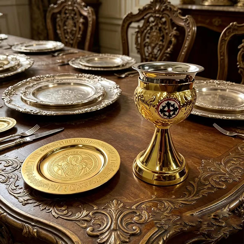 Neues 2026er vergoldetes 17cm Kelch- & 15cm Paten-Set mit Kreuz-Emaille für die orthodoxe Kirchen-Eucharistie-Liturgie, Kommunionbecher-Dekoration – Detail 1