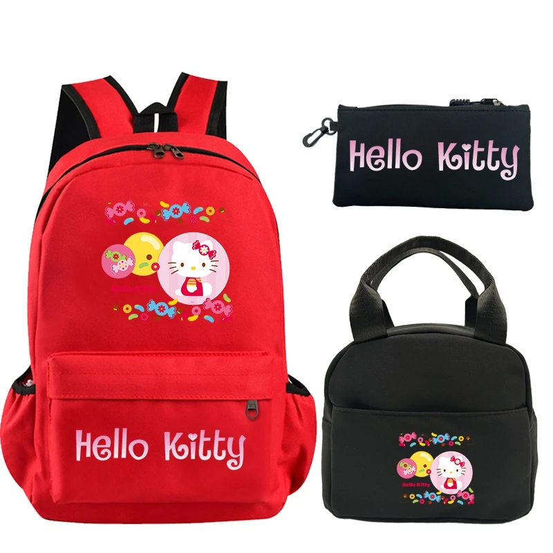 Sanrio-mochila con estampado de Hello Kitty para niño y adolescente, morral escolar con bolsa para el almuerzo, estuche para lápices, Juego de 3 unidades