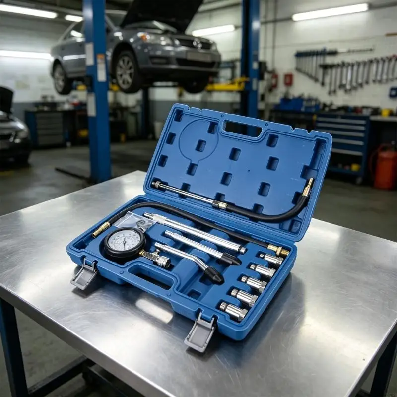Engine Diagnostic Compression Meter Set with Threaded Fittings, Flexible Hoses and Extension Pieces for Experienced Vehicle